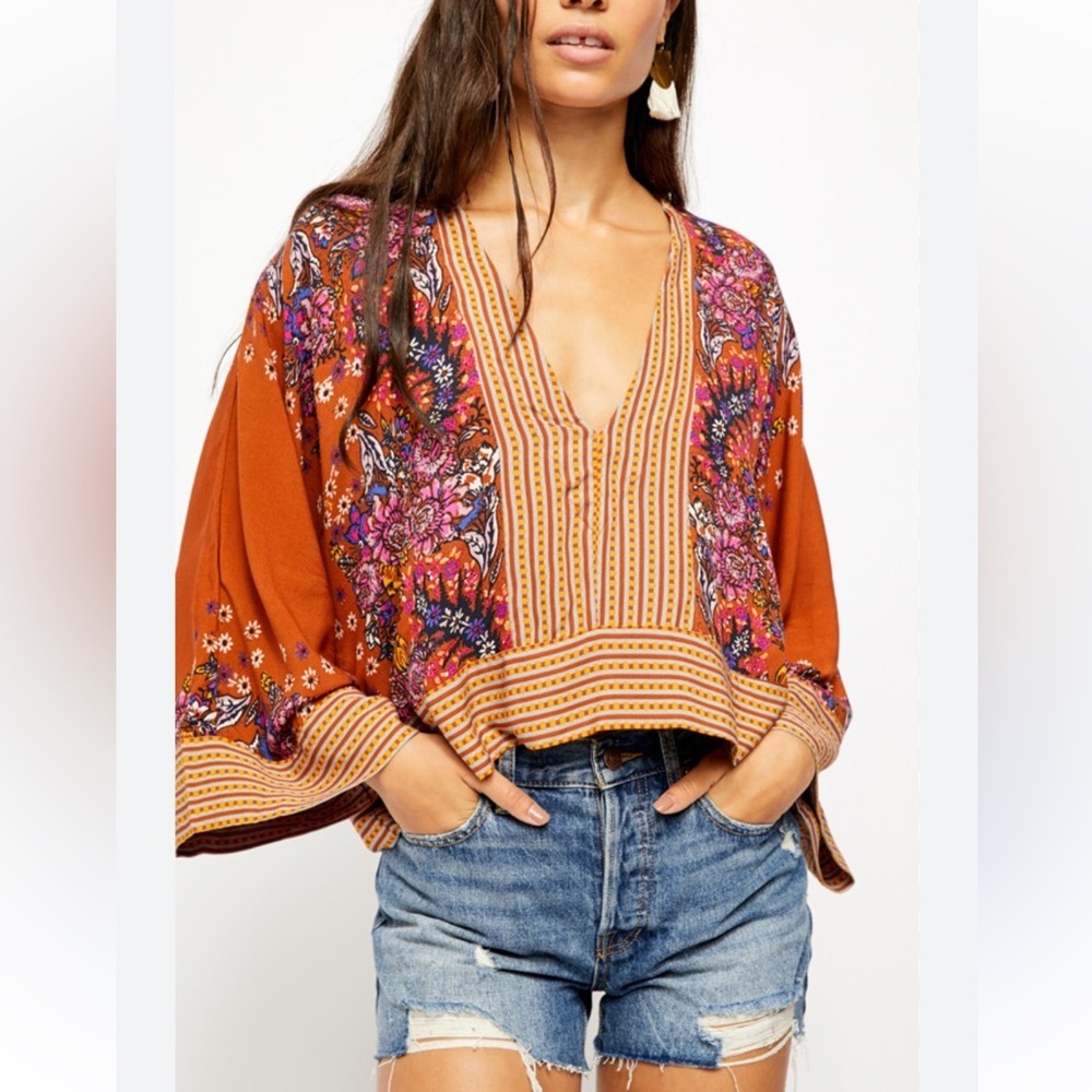 Free People Womens Rust Brown Mix N Match Floral Cropped Blouse Top size XS